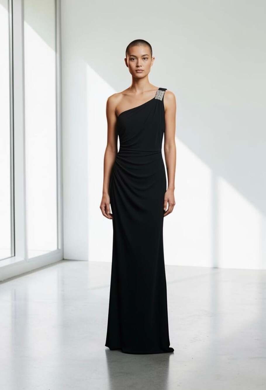 Vintage 90s Cache Black One-Shoulder Floor-Length Gown w/Ruched Side and Beaded